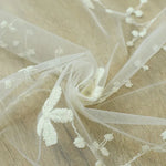 Zoom macro sur le tissu en maille fine du voilage blanc, mettant en valeur la broderie florale délicate et la transparence aérienne du textile.