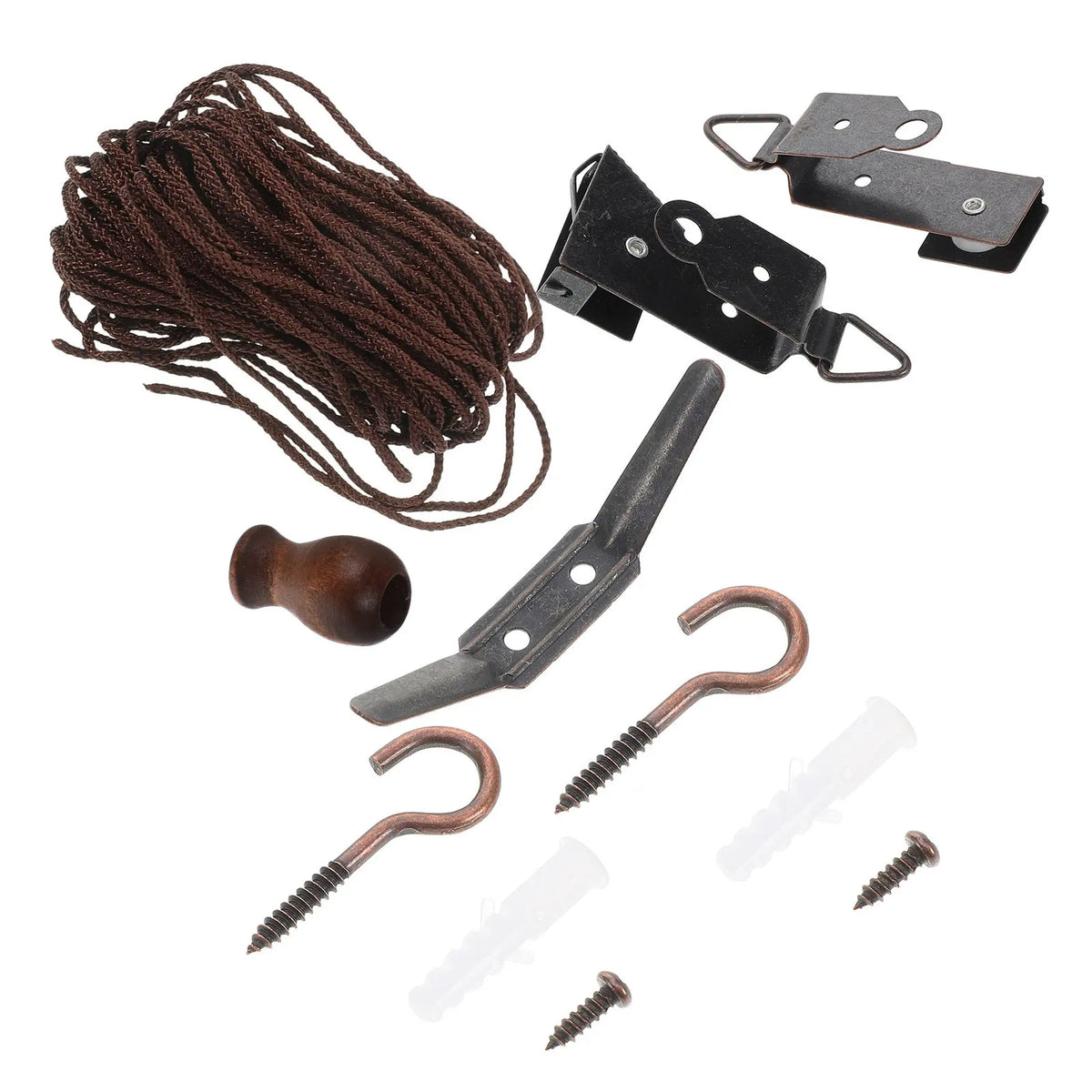 kit fixation stores clips métalliques vis ruban noir marron foncé tige bois éléments réparation