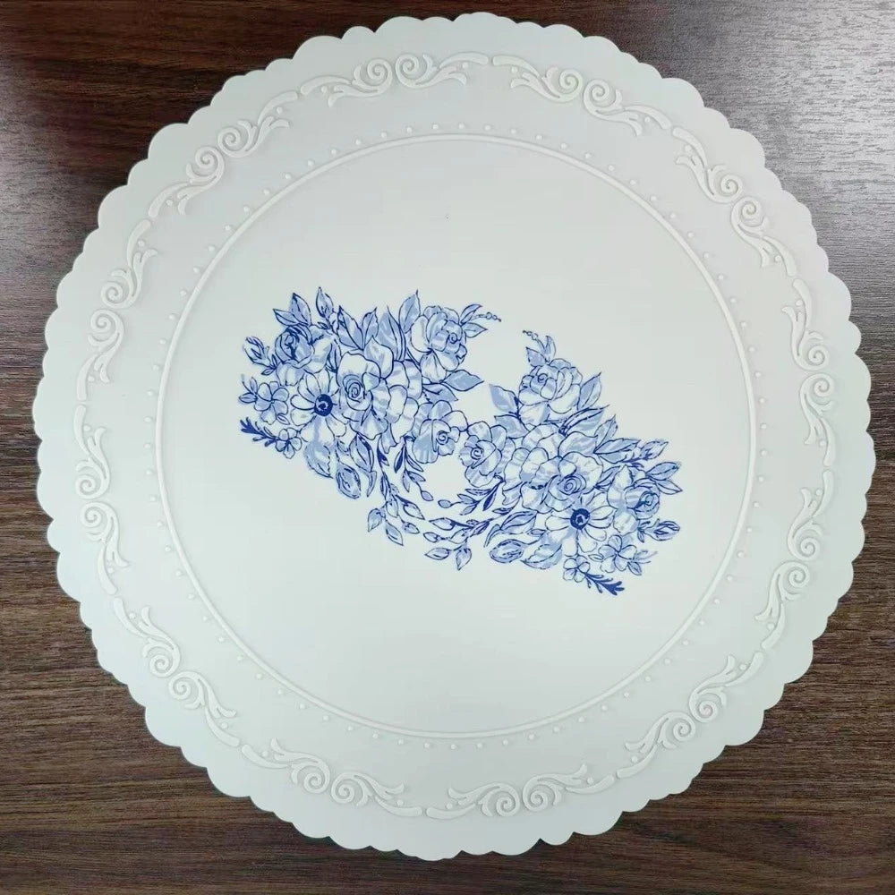 assiette fleur bleue silicone classique vintage beige blanc respectueuse environnement