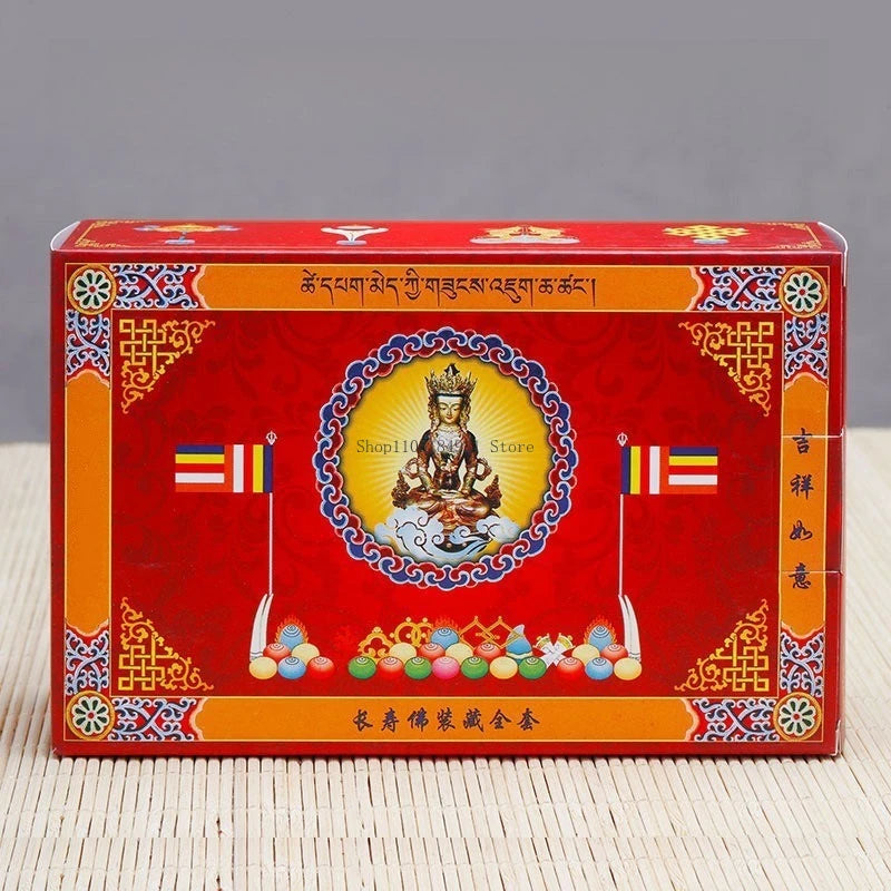 statues bouddha complète kit rituel instructions poudre sacrée rouleaux prières traditionnellements décoratives