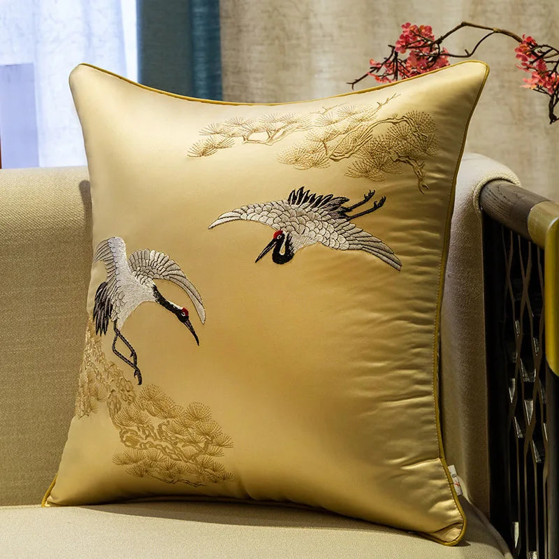 housse coussin carré broderie oiseau blanc chinois décoration salon canapé intérieur luxe