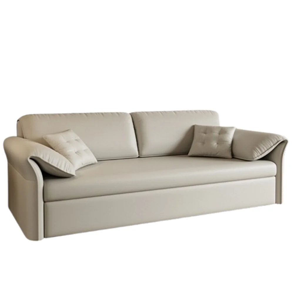 canapé lit moderne bois tissus composites beige clair oreillers multifonctionnel salon maison