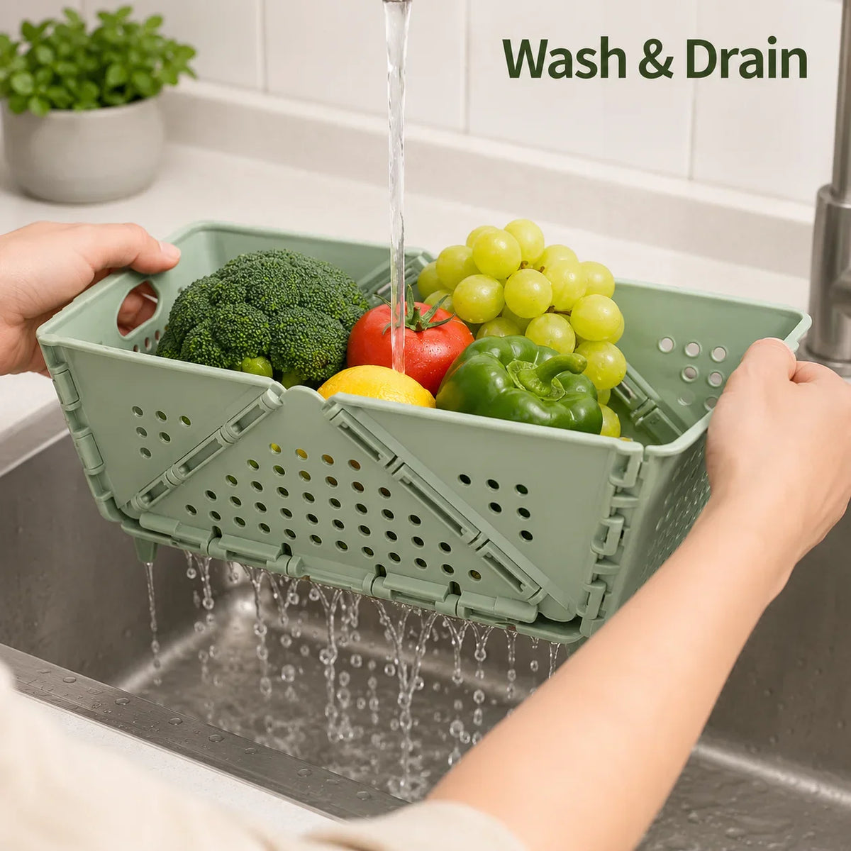 panier pliable perforé moderne vert rangement cuisine fruits légumes poignées drainage rapide