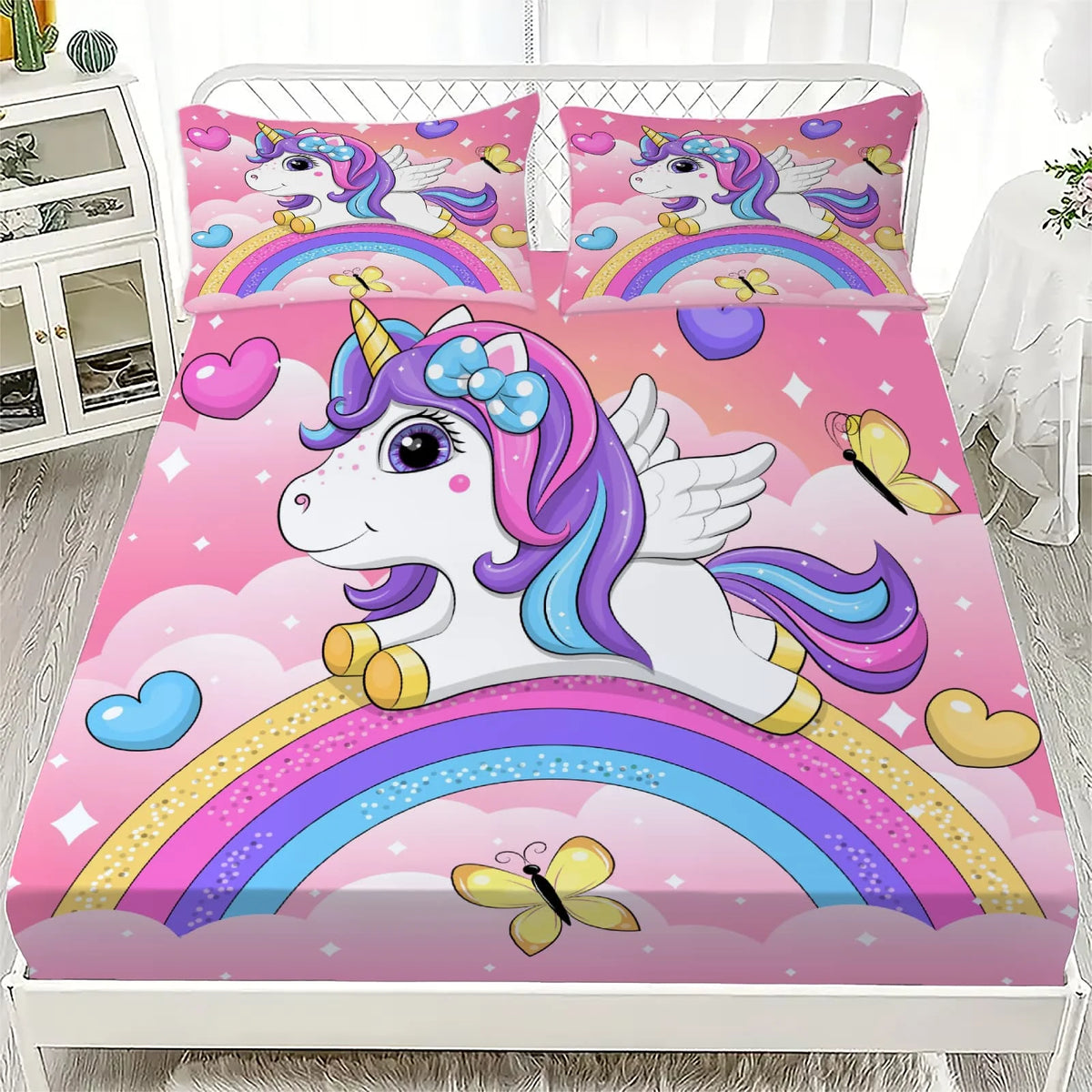 drap housse licorne arc ciel dessins animés couleurs vives motif fantaisie lit enfant polyester
