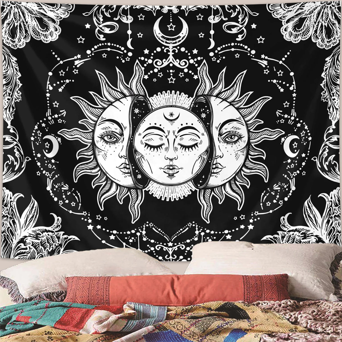 tapisserie solaire lune motifs floraux géométriques clips noir blanc polyester rectangle