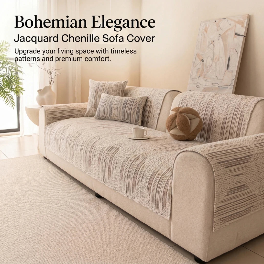 housse canapé chenille beige rayures horizontales moderne élégante coussins décoratifs anti dérapant