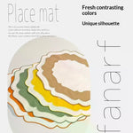 sets table coton abstraits vert jaune orange marron blanc modernes minimalistes textures douces assiettes
