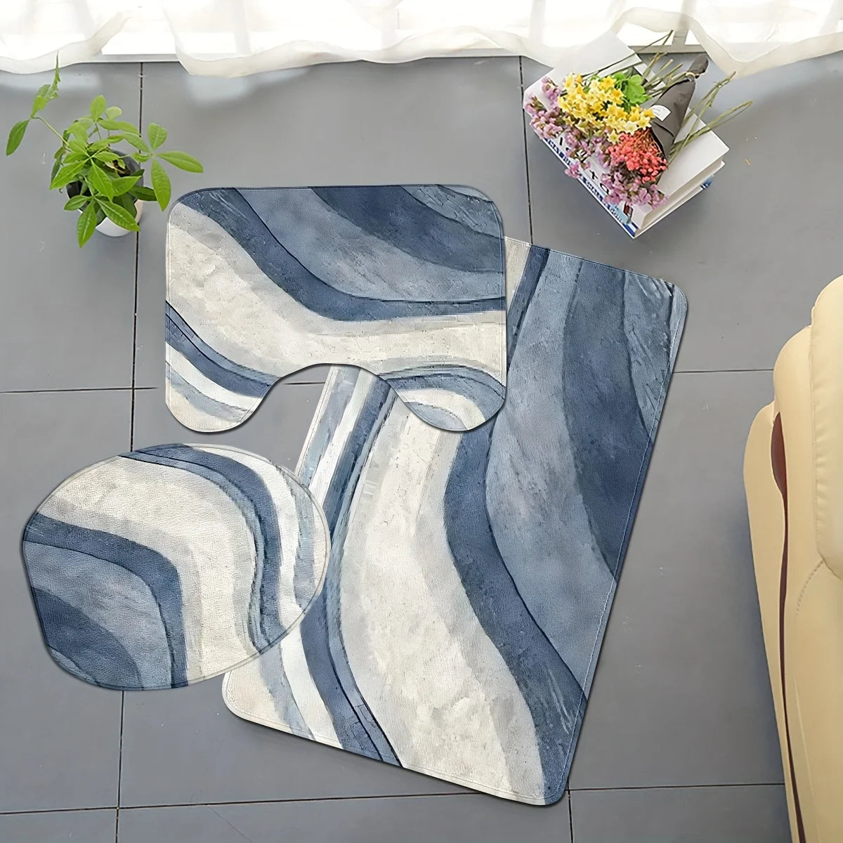 tapis bain ensemble moderne bleu gris beige abstrait antidérapant salle bain