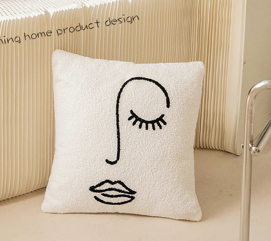 coussin abstrait brodé visages blanc moderne nordique 45x45cm decoration canapé chaise véhicule