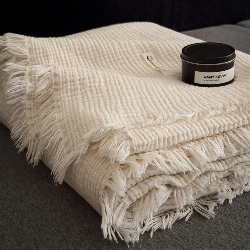 couverture coton tricot épais pompon beige clair motif géométrique canapé maison voyage décoratif