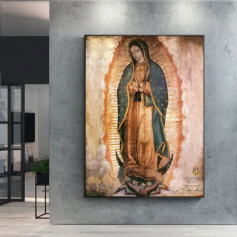tableau classique religieux rayons lumineux couleur marron beige bleu doré sans cadre maison salon