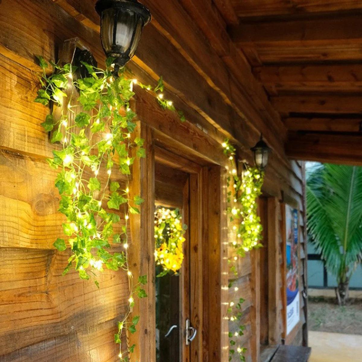 guirlande lumineuse solaire feuilles vertes lumières blanches moderne extérieur jardin terrasse festive