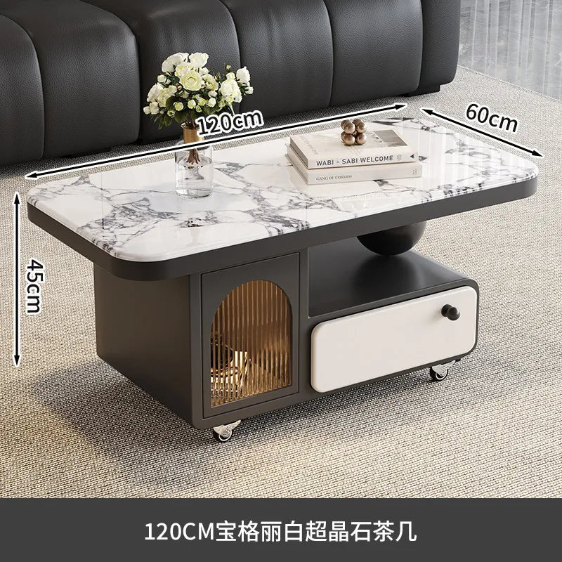 table basse moderne marbre noir tiroir roulette salon minimaliste italien