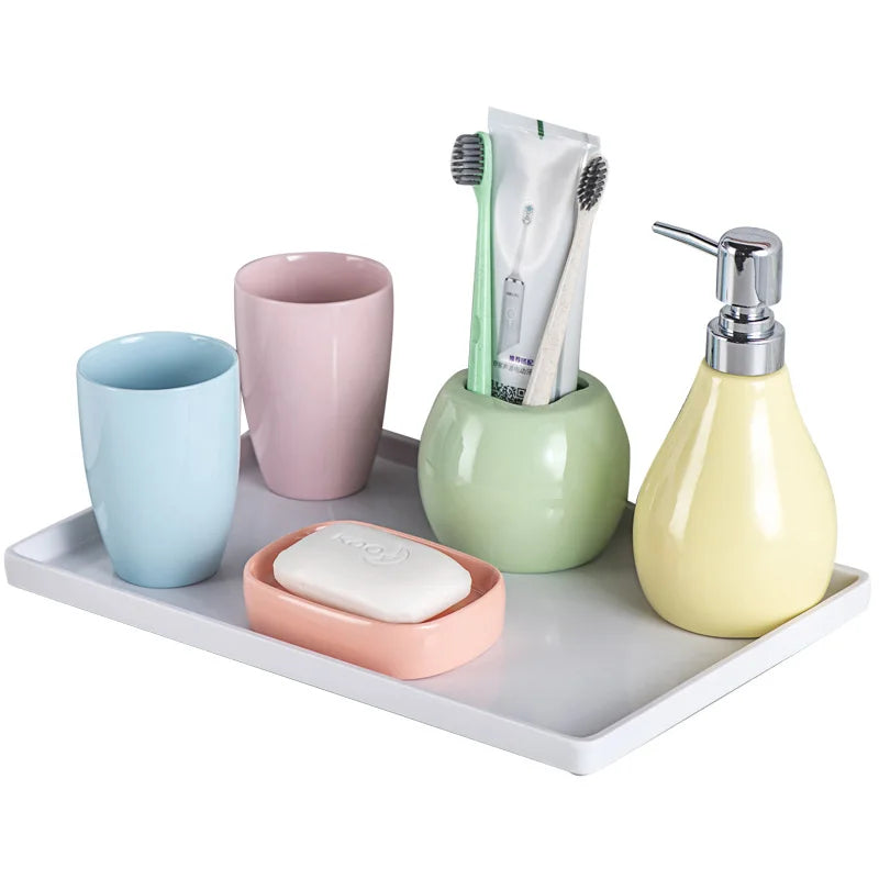 ensemble accessoires salle bain porcelaine moderne distributeur savon gobelet porte brosse dents