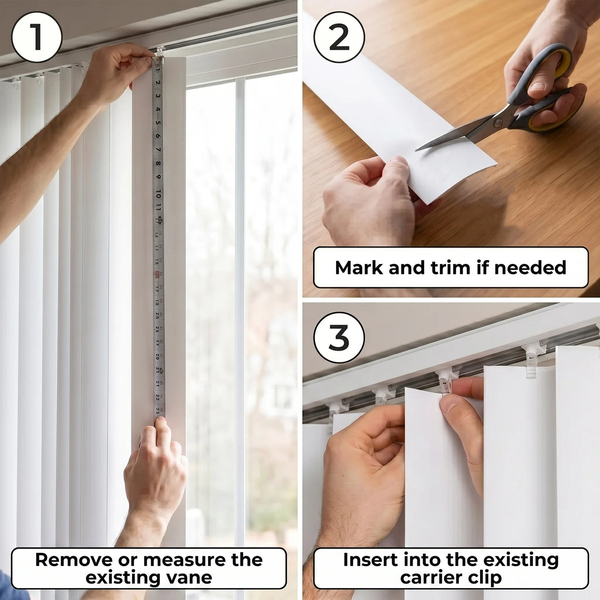 lames remplacement stores verticaux blancs pvc opaques modernes 8.9cm 209.6cm découpées mesure clips ciseaux
