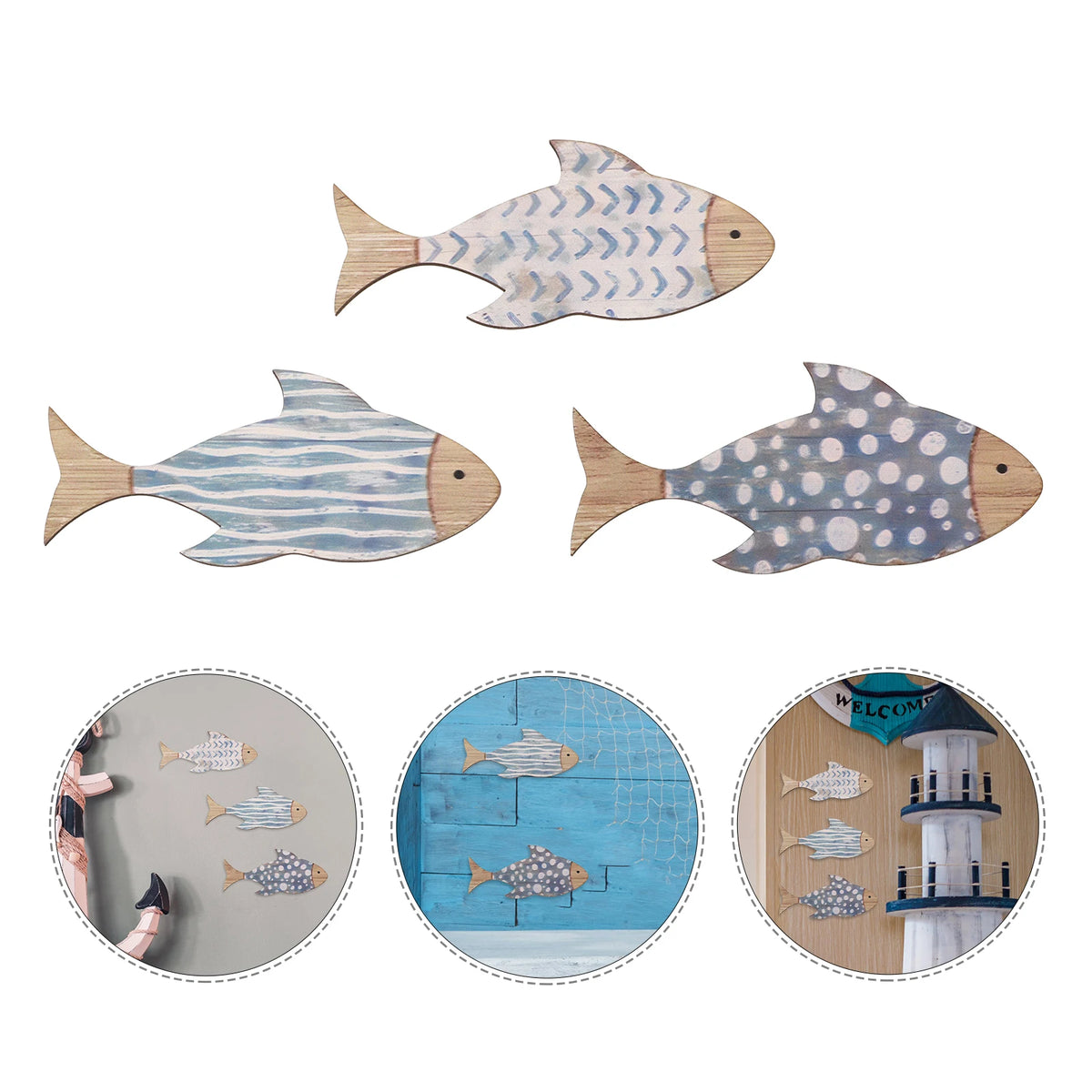 décoration murale poisson bois bleu clair rayures décor nautique maison plage salle bain