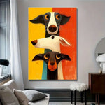 tableau moderne trois chiens stylisés animal compagnie abstrait jaune orange noir