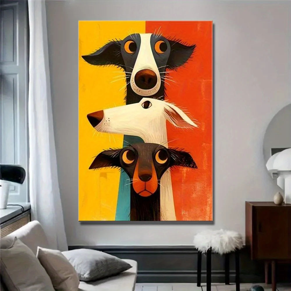 tableau moderne trois chiens stylisés animal compagnie abstrait jaune orange noir