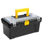 Boîte à outils portable multifonctionnelle noire et jaune ouverte