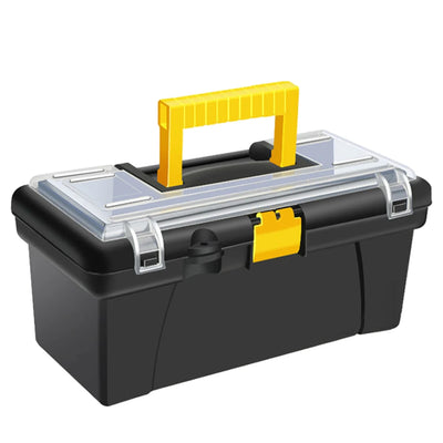Boîte à outils portable multifonctionnelle noire et jaune ouverte