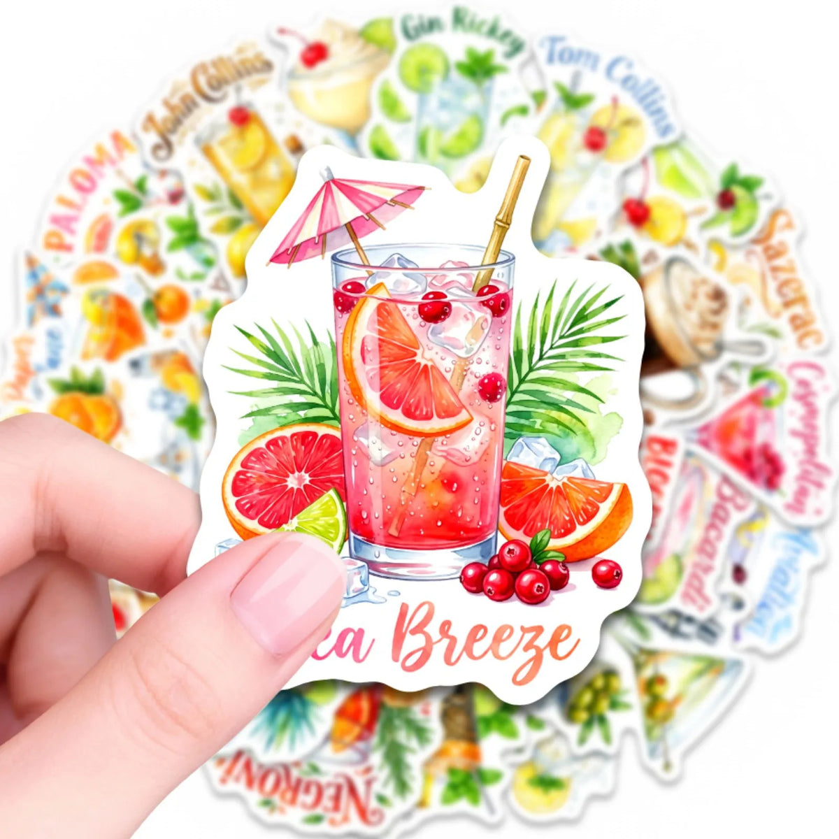 stickers cocktails multicolores illustrations aquarelle fruits herbes aromatiques bar shakers verres pack 50 adhésifs