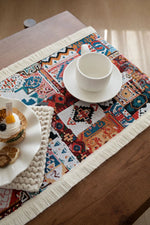chemin table ethnique boho chic motifs géométriques multicolore serviette crochet tissu épais