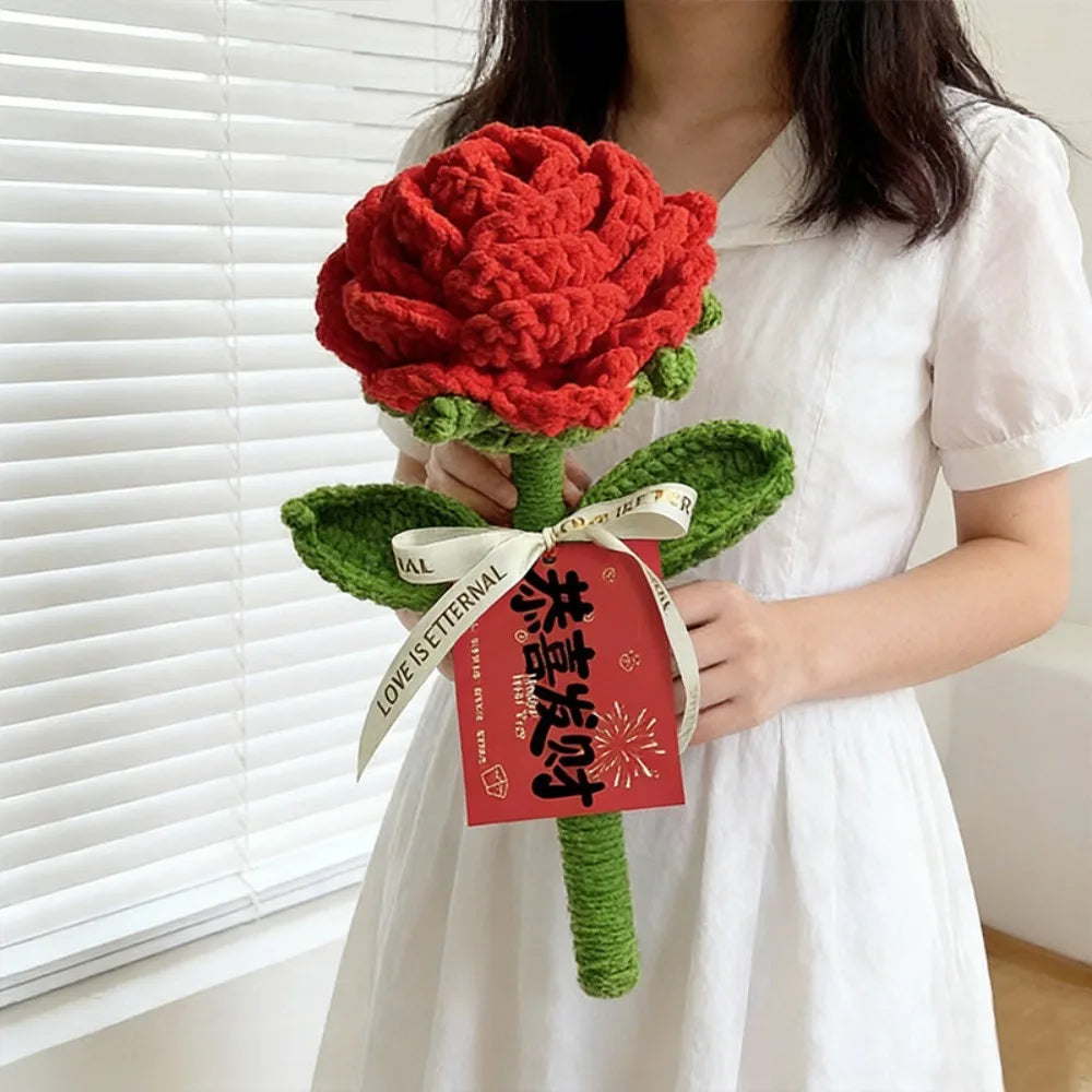 fleurs artificielles tricotées rouge vert décoration maison saint valentin anniversaire trame épaisse opacité ruban
