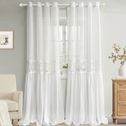 rideau blanc dentelle motif floral translucide champêtre vintage deux rideaux tringle métalliques 140x220cm