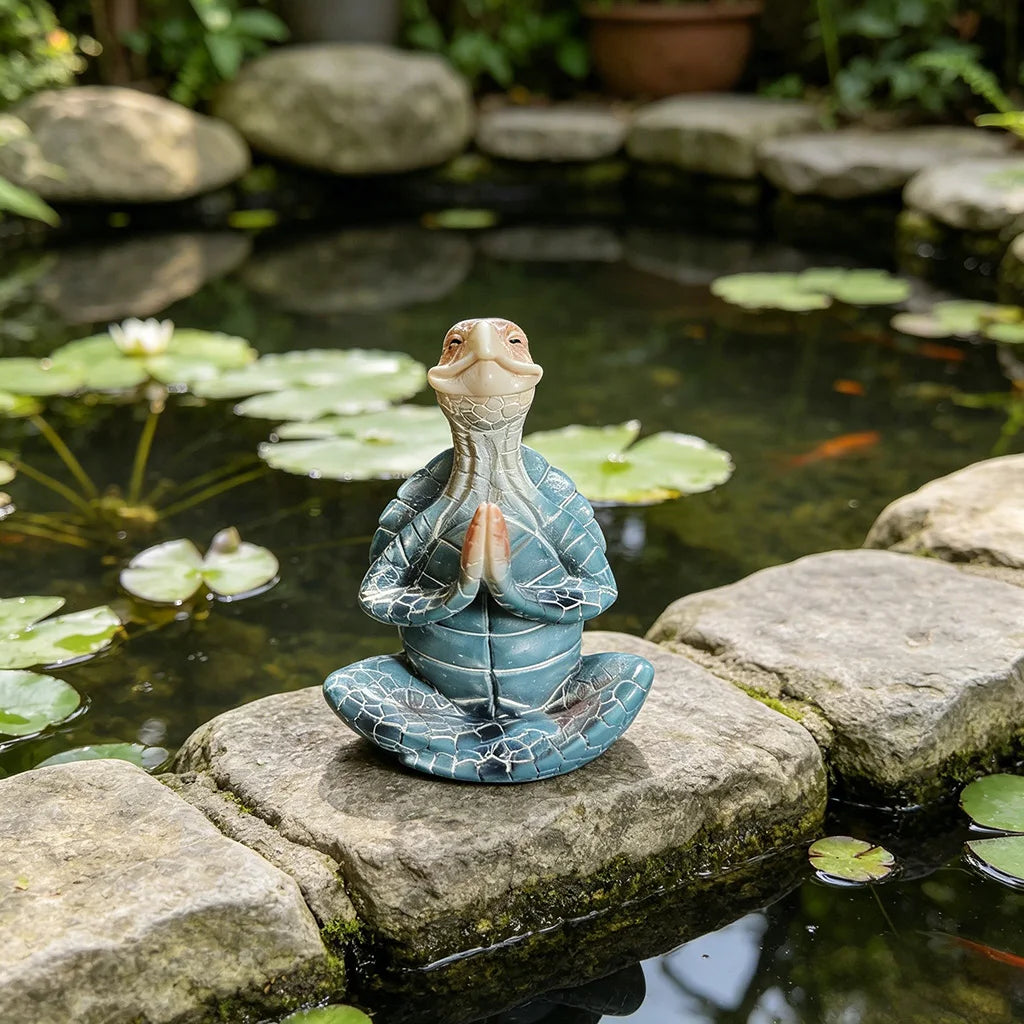 statue tortue méditation résine bleu turquoise aspect craquelé motifs géométriques zen spirituel