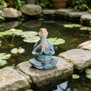 statue tortue méditation résine bleu turquoise aspect craquelé motifs géométriques zen spirituel
