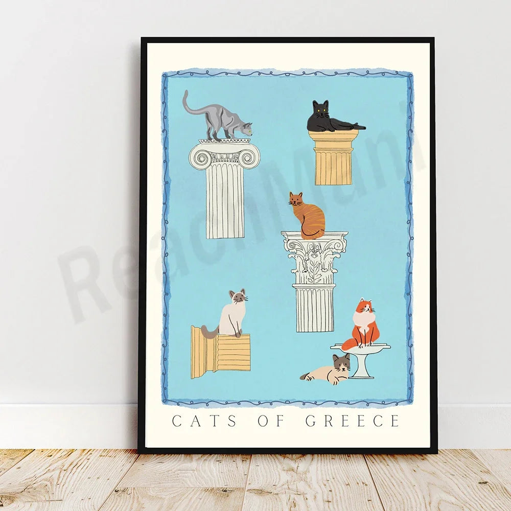 Affiche illustrant divers chats assis sur des colonnes grecques antiques, avec le titre "Cats of Greece" en bas.