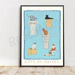 Affiche illustrant divers chats assis sur des colonnes grecques antiques, avec le titre "Cats of Greece" en bas.