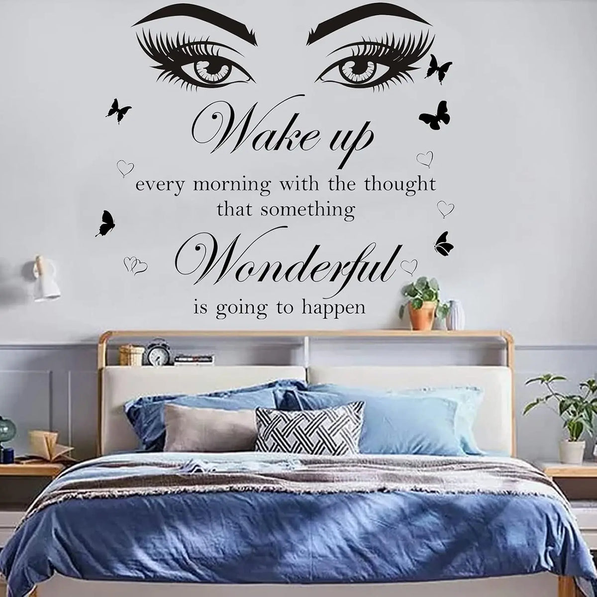 sticker mural moderne yeux grands ouverts papillons citation inspiration noir adhésif