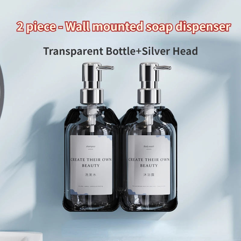 distributeur savon mural rechargeable sans poinçonnage moderne transparent noir étiquette blanche main shampoing gel