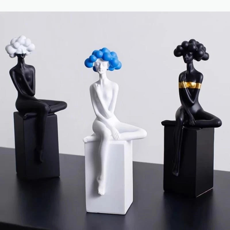 sculpture contemporaine buste nu cheveux noir blanc bleu or décoration maison minimaliste