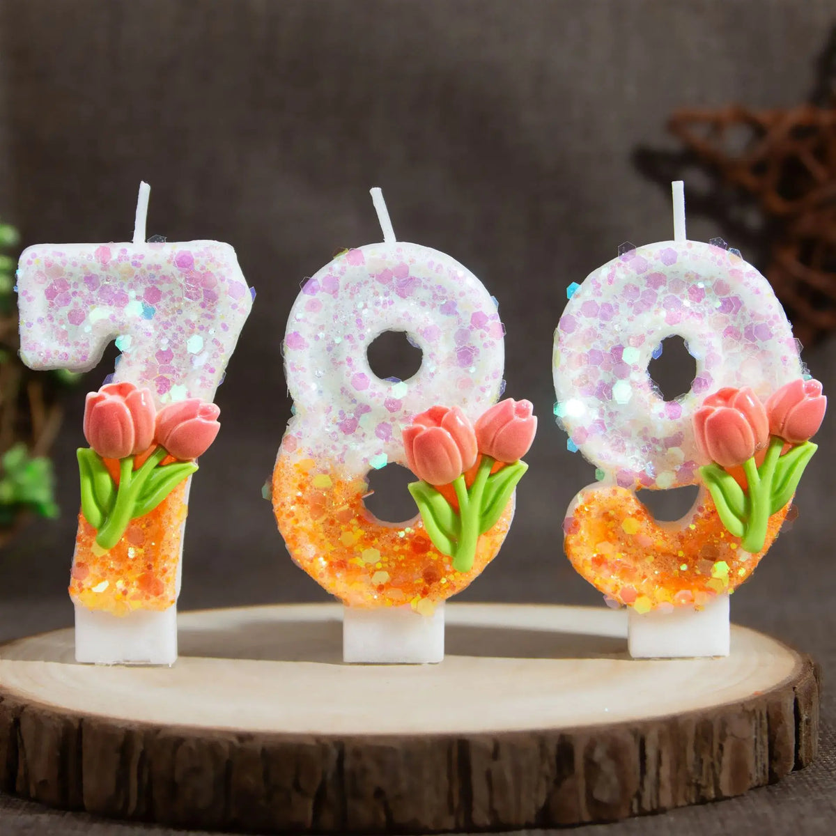 bougies anniversaire numérotées fleurs paillettes multicolores décoratives festives blanc rose vert orange
