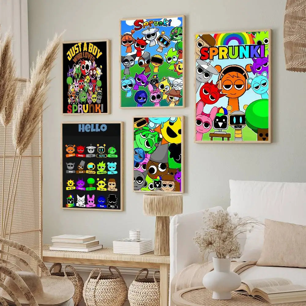 affiche poster cartoon sprunki personnages animés texte juste garçon cadre bois décoration