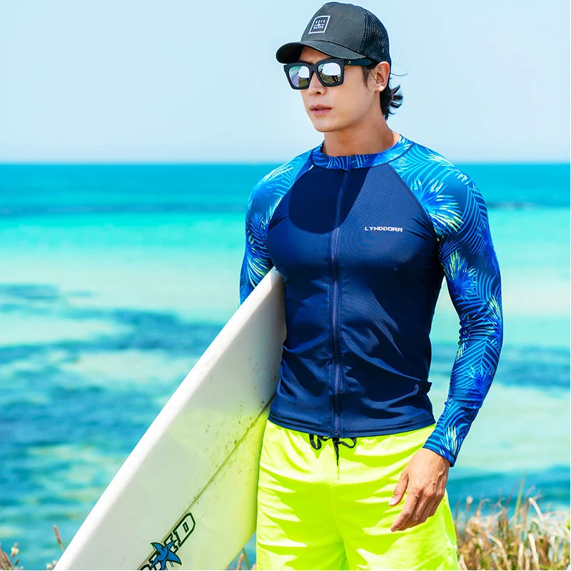 maillot surf homme polyester bleu marine feuilles vertes zip sportif moderne jaune fluo lunettes