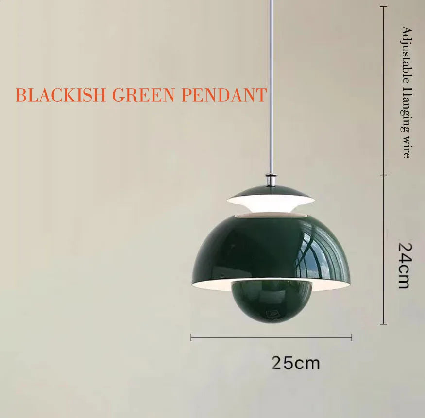 lumière suspendue moderne scandinave deux demi sphères concentriques salon chambre étude orange vert noir
