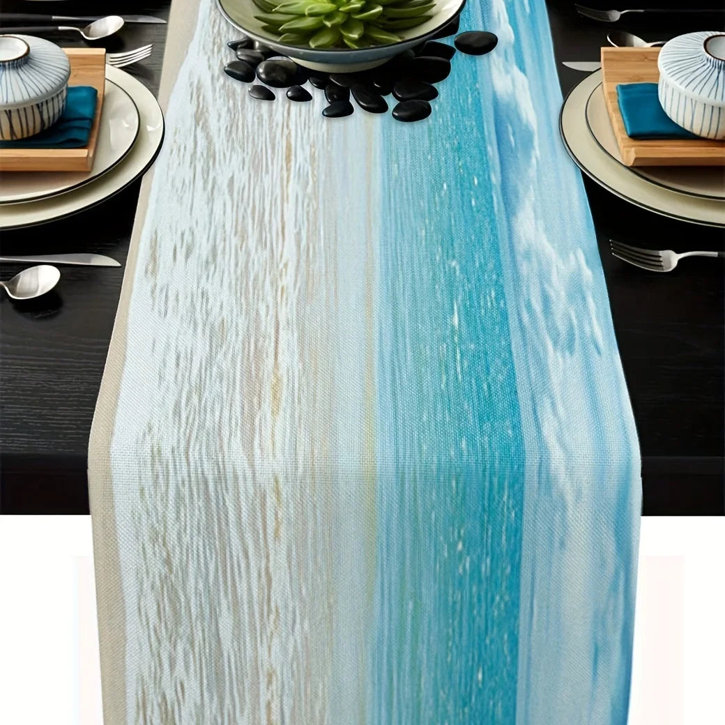 nappe deco moderne nappe polyestre bleu blanc sable plage minimaliste 30x45cm 90x45cm 150x45cm 180x45cm