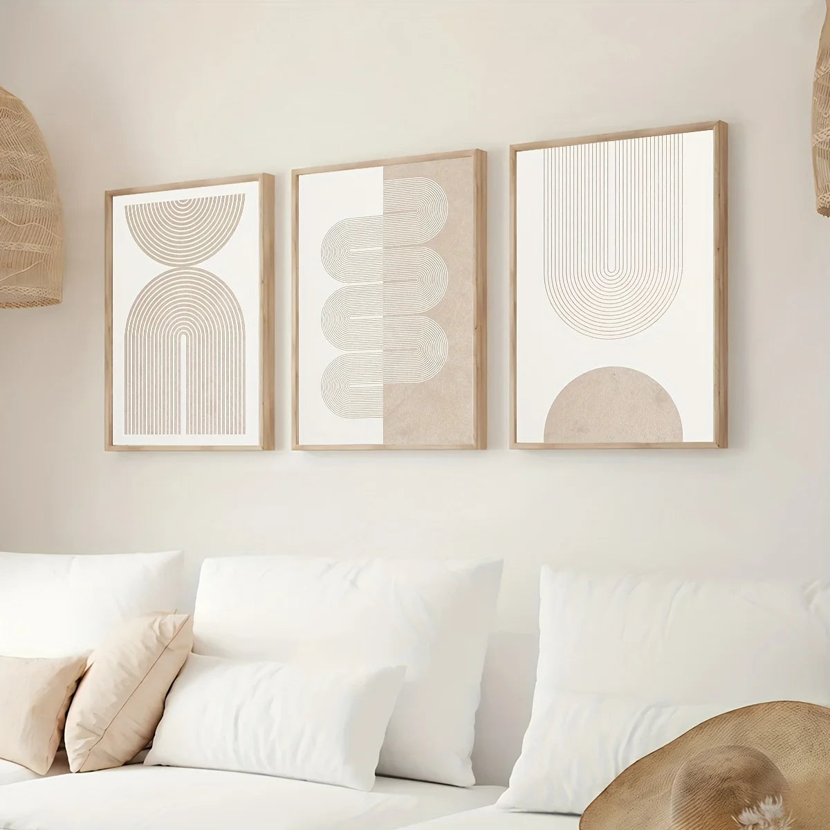 tableaux modernes abstraits toile minimaliste pièces géométriques arcs lignes parallèles beige blanc marronclair