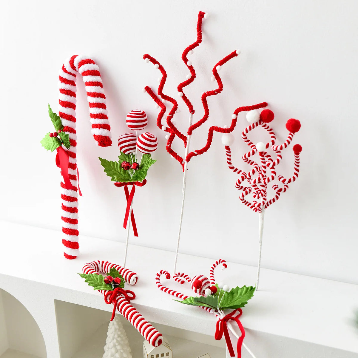 Set de 11 ornements Noël laine bouclée rouge et blanc