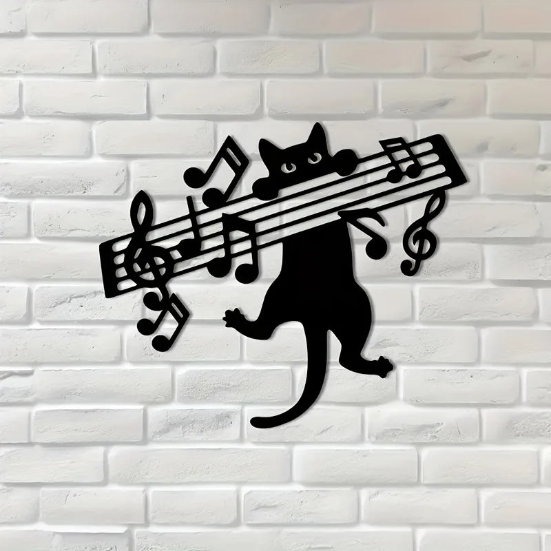 décoration murale chat noir notes musicales art contemporain mur fixations invisibles