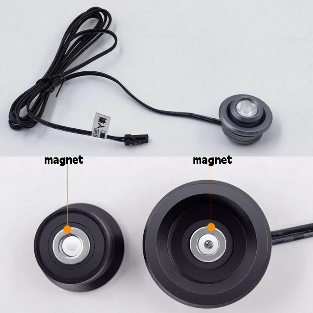 projecteur led rotatif spot aimants gris métallisé finition lisse 12v 1w 1m câble dupont