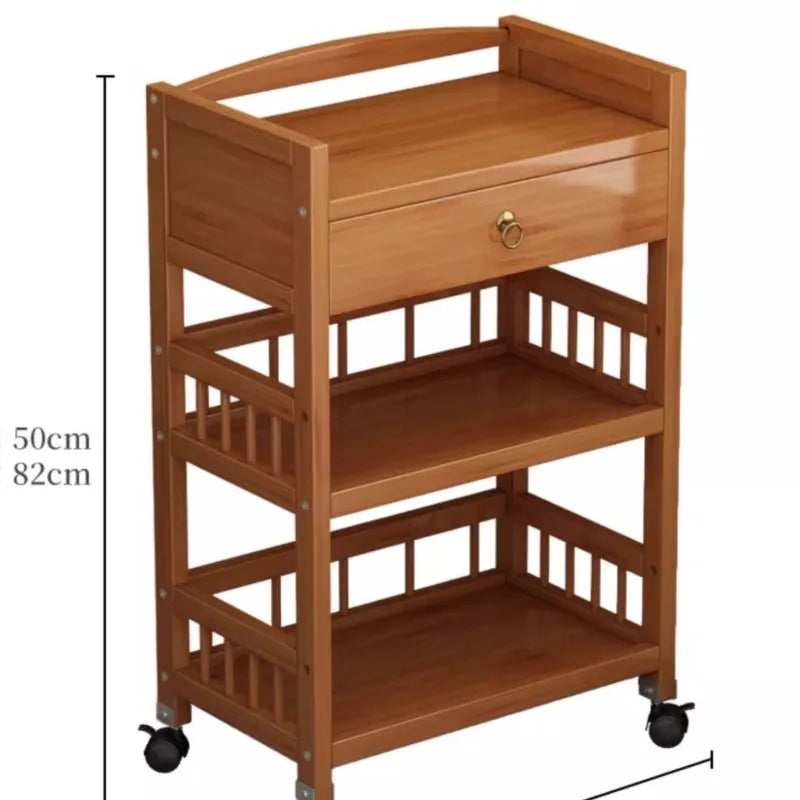chariot roulettes bois naturel clair moderne trois plateaux amovible tiroir poignée salon rangement minimaliste