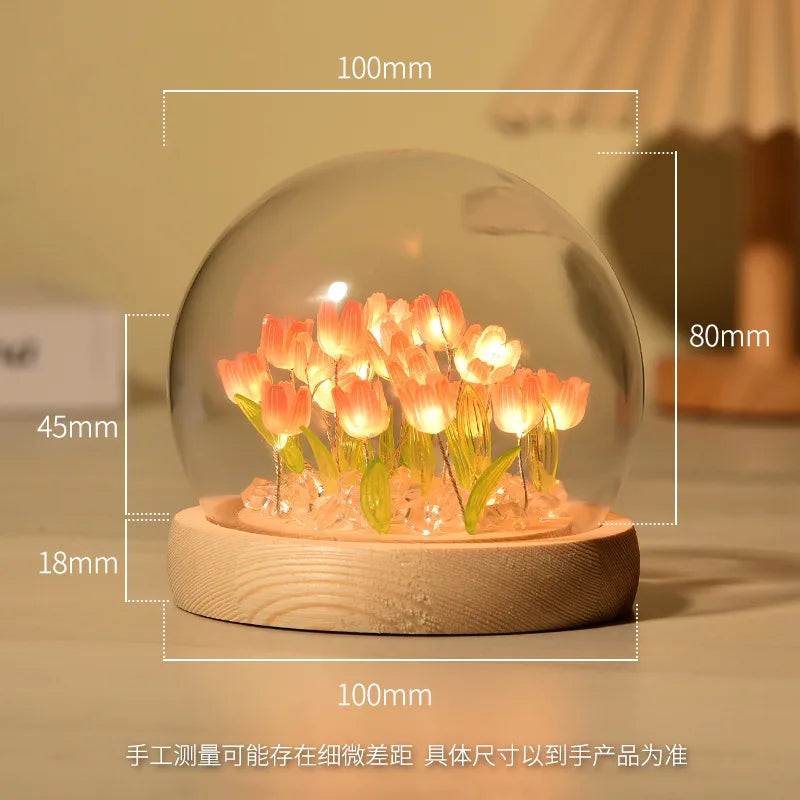 tulipe artificielle led multicolore verre transparent base bois créative lumineuse chambre simple moderne
