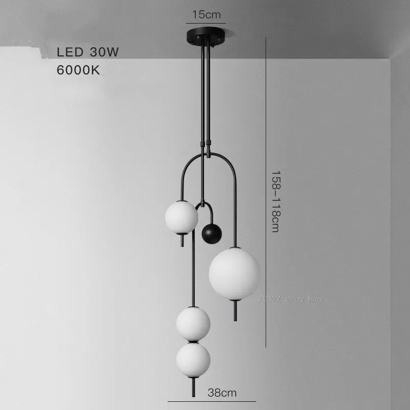 suspension lumineuse moderne sphères translucides structure métallique noir blanc