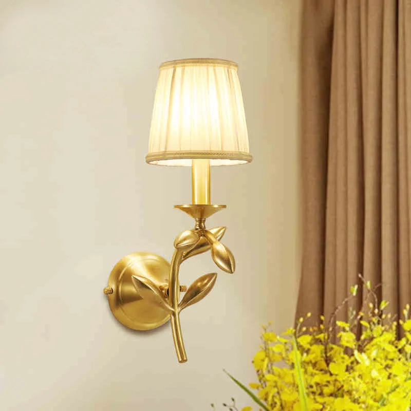 lampe murale moderne or feuilles dorées ombrelle beige fixée mur américain cuivre flux lumineux