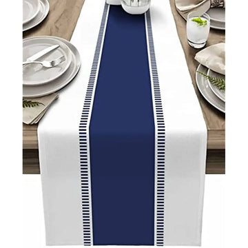 chemin table blanc bleu marine rayures classique polyester extérieur mariage rectangle 70x13inch
