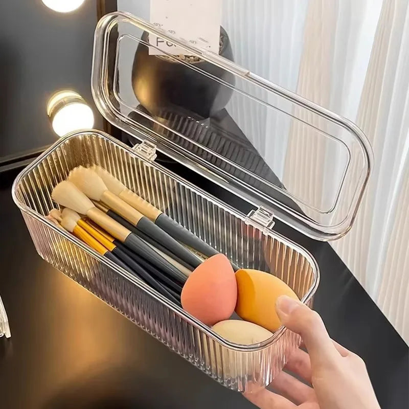 organisateur maquillage transparent moderne rayures clips grande capacité anti poussière pinceaux tampons beauté